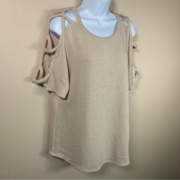 M Fantastic Fawn Beige Knit Cutout Sleeve Top Short Sleeve Stretch Medium 8 10 - Picture 2 of 7